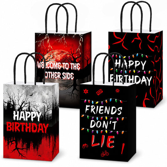 12 Pcs Horror Forest Party Favor Bags Horror Birthday Party Supplies Spooky Alphabet Paper Gift Bags with Handles Colorful Light Bulbs Goodie Treat Candy Bag for Fans Scary Birthday Decorations