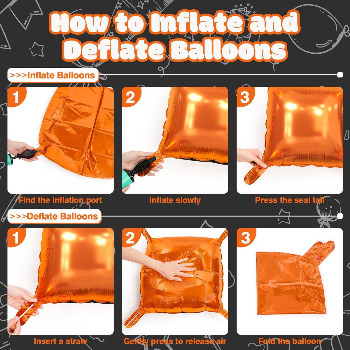 NISOCY 25PCS Halloween Black Orange Square Foil Balloons Wall Backdrop Double Sided Black Orange Balloons Arch Kit for Birthday Graduation Baby Shower Anniversary Party Decorations