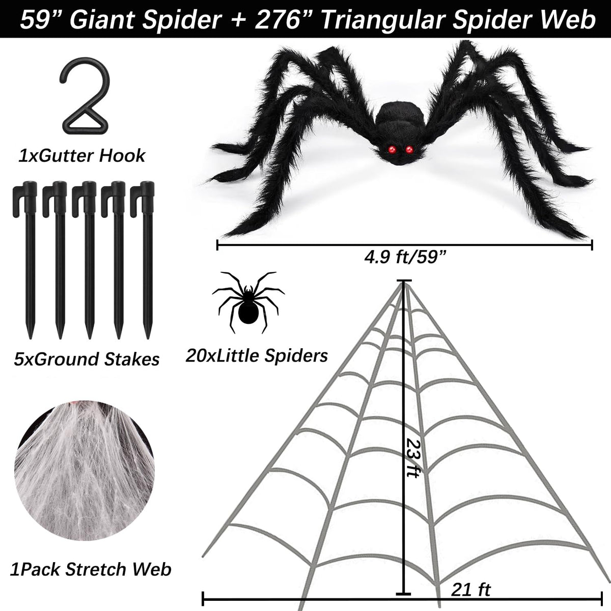 Halloween Decorations Set, 276'' Triangular Huge Spider Web + 59'' Giant Fake Spider and 20Pcs Mini Fake Spiders 40g Fine Cobweb Props for Indoor Outdoor Yard Scary Haunted House Halloween Party Décor