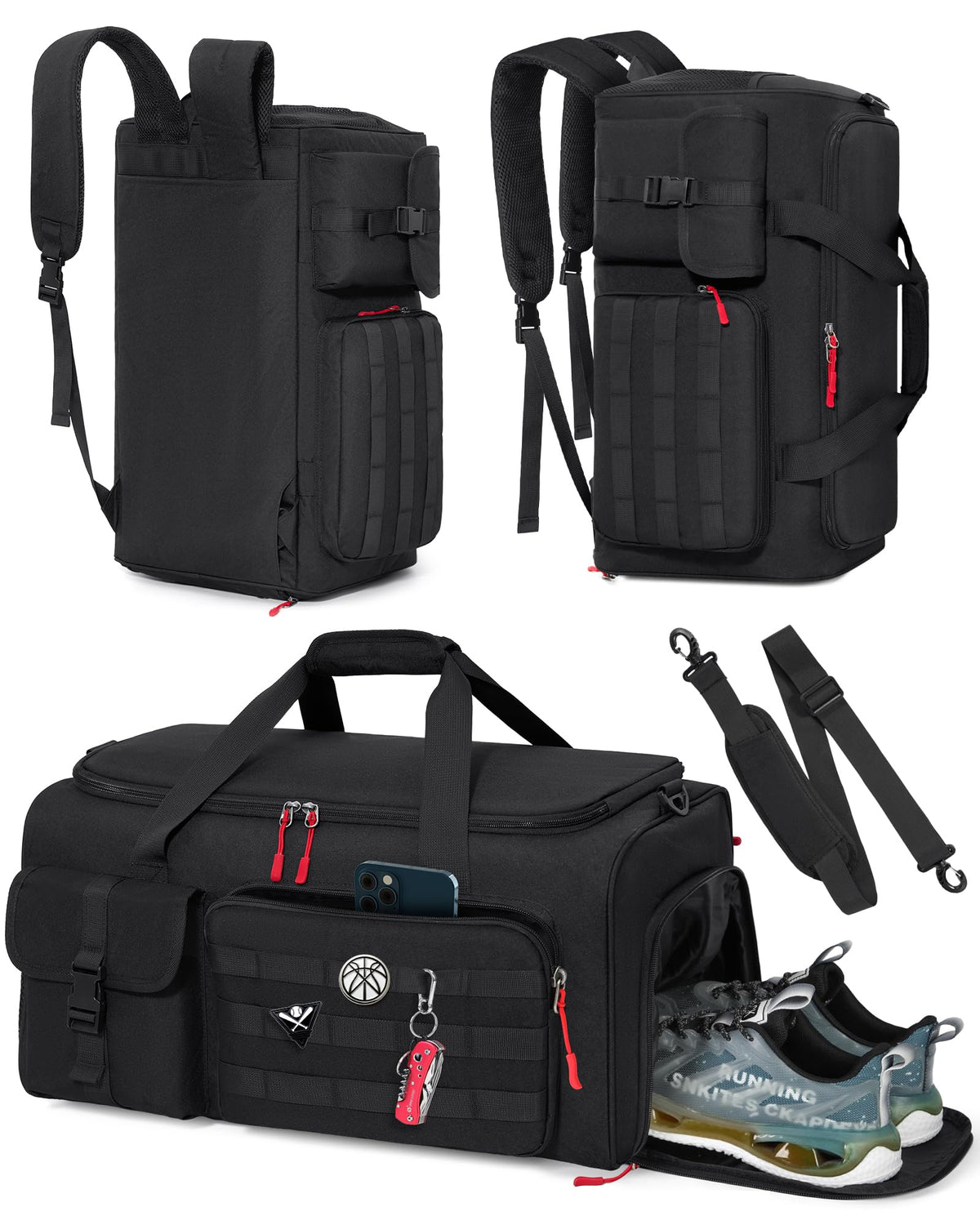 RAINSMORE Gym Bag for Men, 45L Sports Travel Duffel Bag with Shoe & Laptop Compartment, Gym Workout Backpack Carry On Weekender Bag Overnight Backpack for Travel, Black