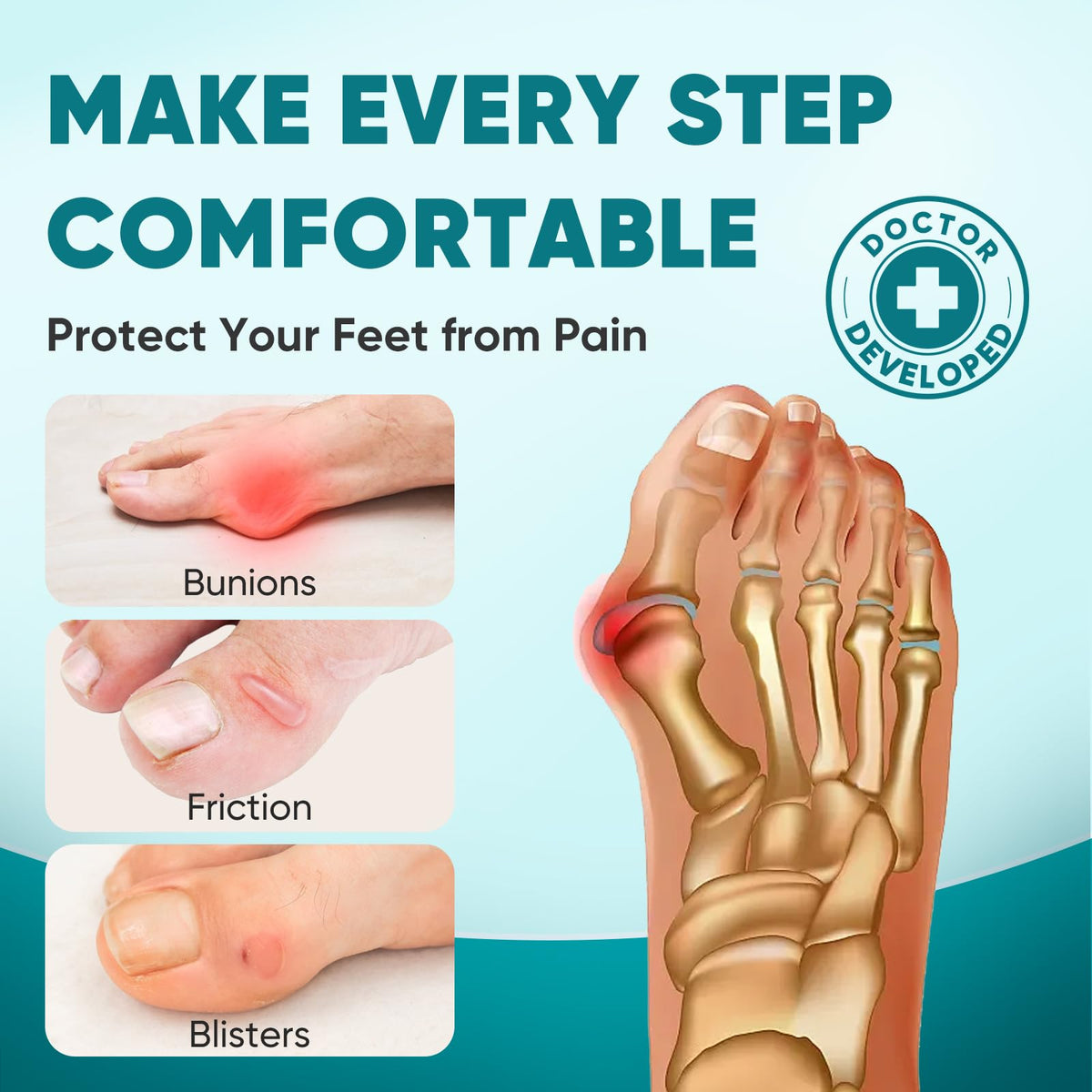TEAWOO 40 Count Bunion Kinesiology Tape, Pre-Cut Waterproof Bunion Tape for Bunion Pain Relief, Breathable Hypoallergenic Latex-Free Tape for Toe & Foot Support, Black & Beige