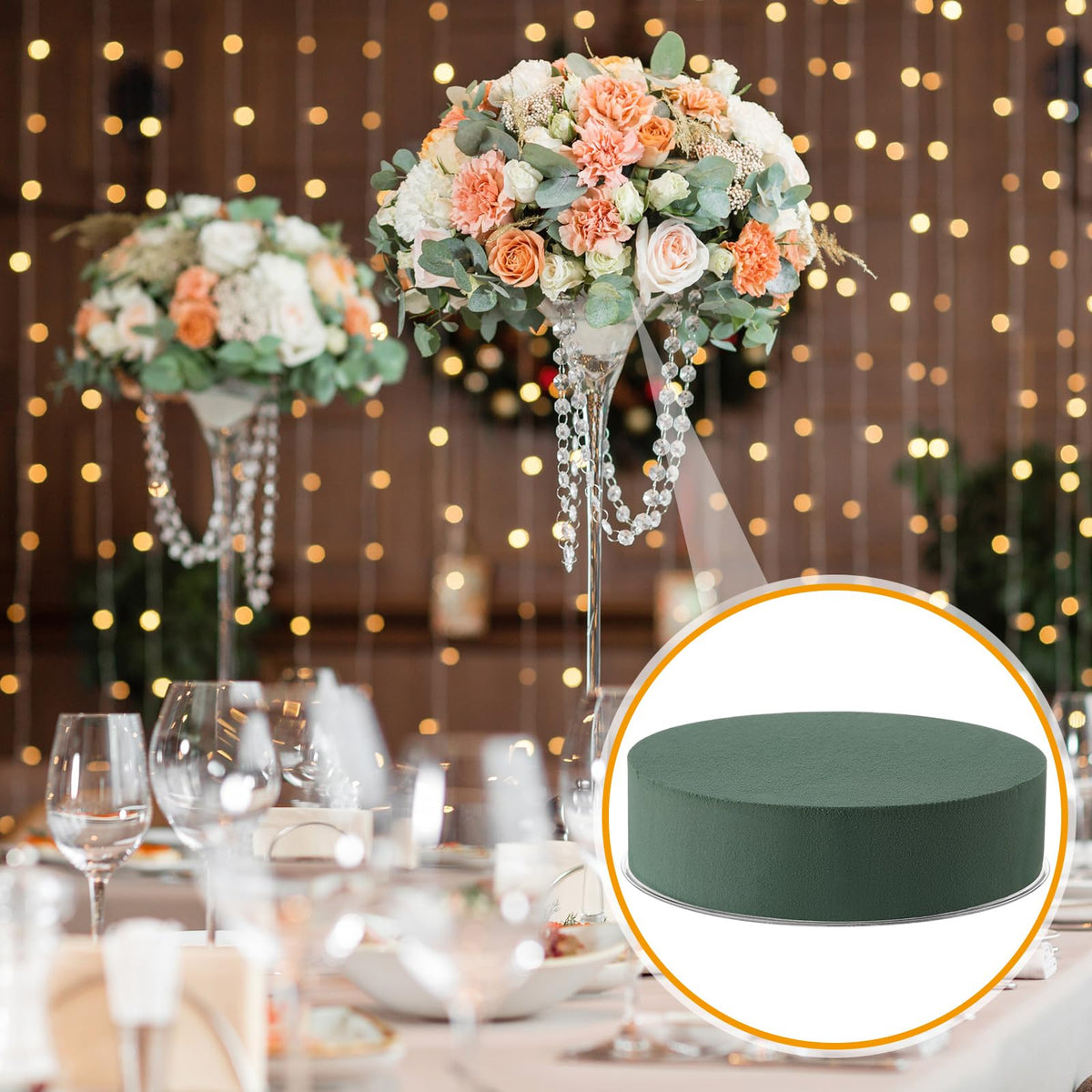 Threlaco 12 Sets Round Floral Foam and Clear Plastic Saucer Plant Drip Tray Floral Flower Dish Green Foam for Artificial Flowers Wedding Home Party Decoration (7 Inches)