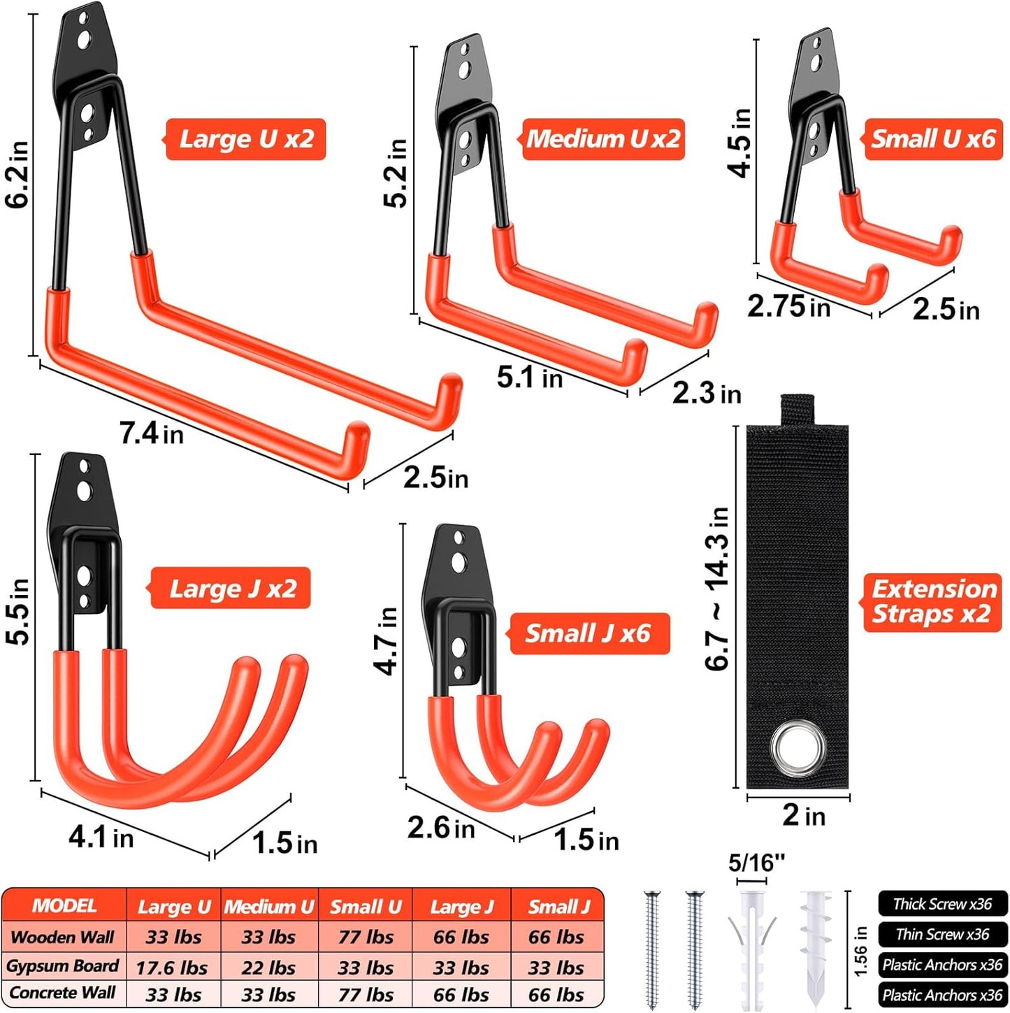 Skiennix Heavy Duty Garage Hooks - Solid Steel Wall Mount Hangers with Anti-Slip Coating | 20 Pack for Organizing Tools