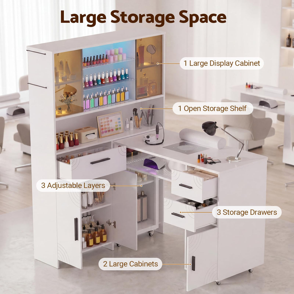 Oakvera Manicure Table with LED Display Cabinet, Mobile Nail Tech Desk Built-in Dust Collector, Nail Station with Double Tabletop, 3 Adjustable Shelves, Open Storage, Drawers & Cabinets, White
