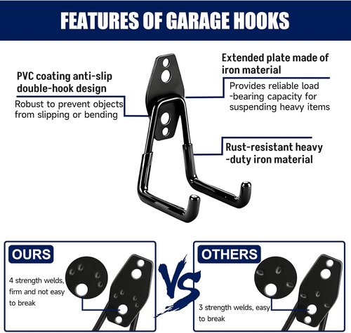 Garage Wall Hooks - 17 Pack Heavy Duty Utility Hooks with 3 Extension Cord Straps | Perfect for Ladders, Bikes, and Garden Tools