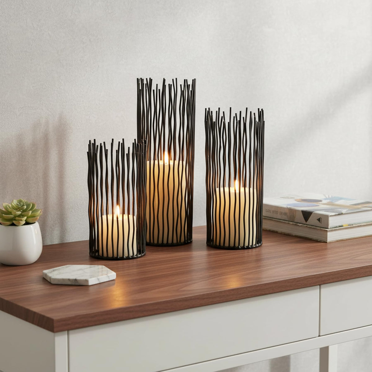 Metal Candle Holders for Pillar Candles - Creative Wire Candle Holder Set of 3 for Fireplace Mantel, Black Candlestick Holders for Table Centerpieces Halloween Christmas Birthday Party Home Decor