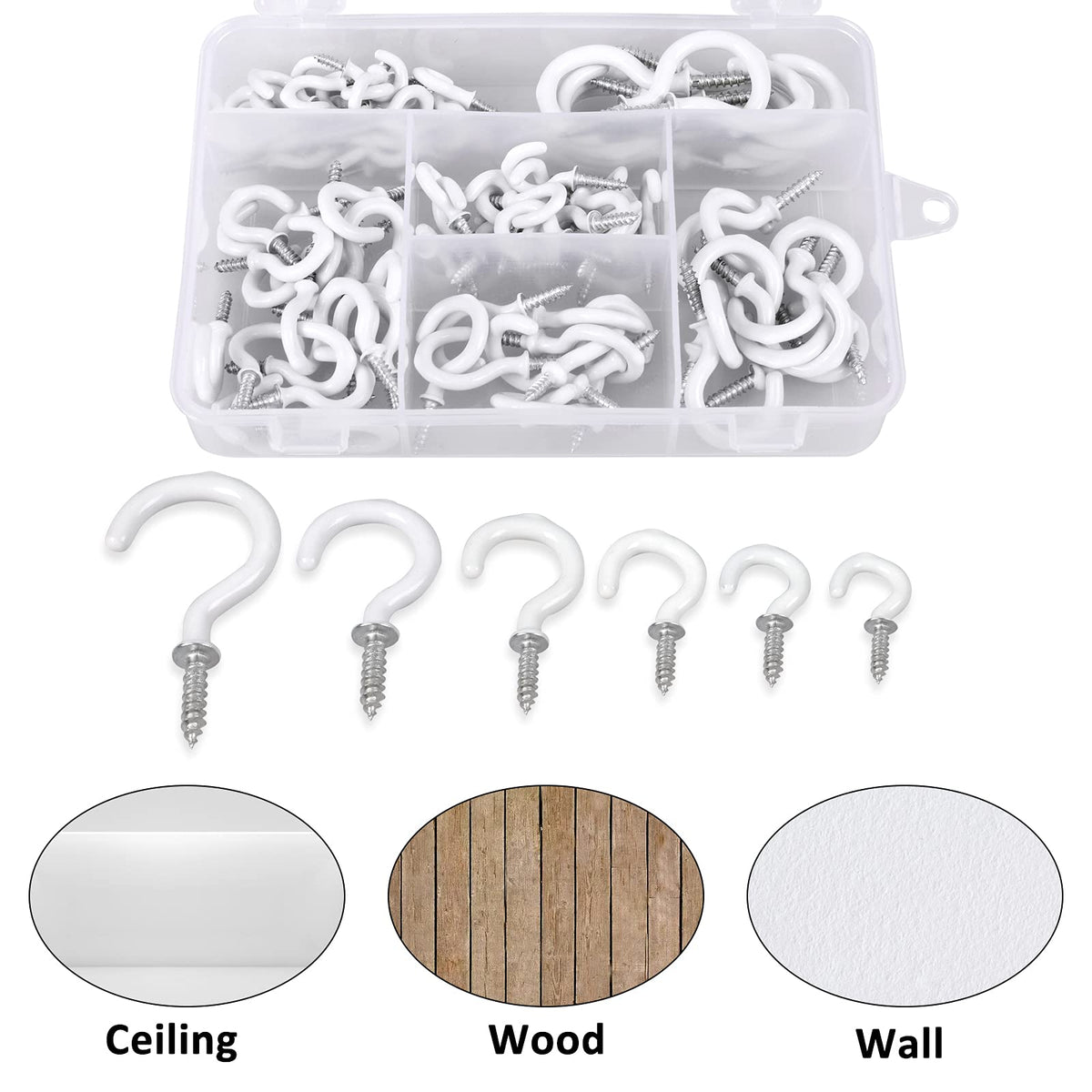 Romeda 90 Pcs White Ceiling Hooks kit, 6 Sizes Vinyl Coated Screw-in Plant, Kitchen, Cup, Ceiling Hooks for Hanging (1/2in, 5/8in,3/4in,7/8in,1'',1-1/4in)
