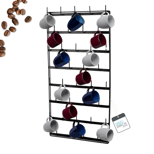 BIRDROCK HOME 36 Peg Coffee Mug Organizer Wall - 8 Tier Wall Mounted Coffee Mug Holder - Tea Cup Display Shelf Wall Mounted - Heavy Duty Decorative Kitchen Bar Organizer Flat Metal Steel Rack - Black