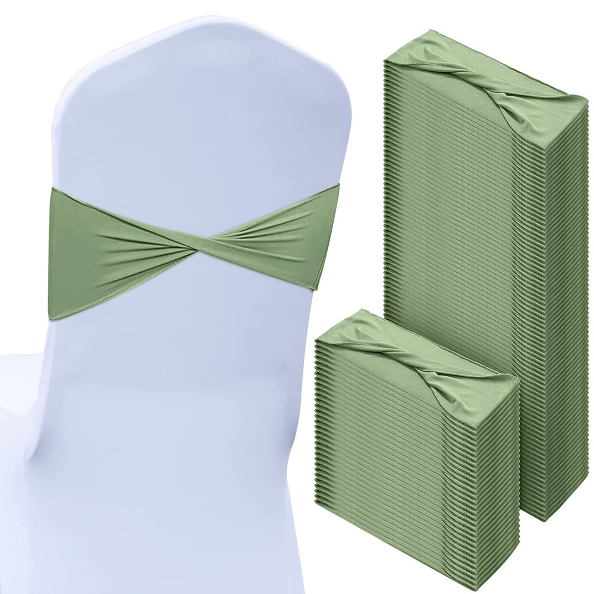 Kinlop 150 Pcs Spandex Chair Sashes Bows Stretch Chair Cover Bands Elastic Ties Bands Slider Sashes Without Buckle Decorations for Wedding Party Events Ceremony Birthday(Sage Green)