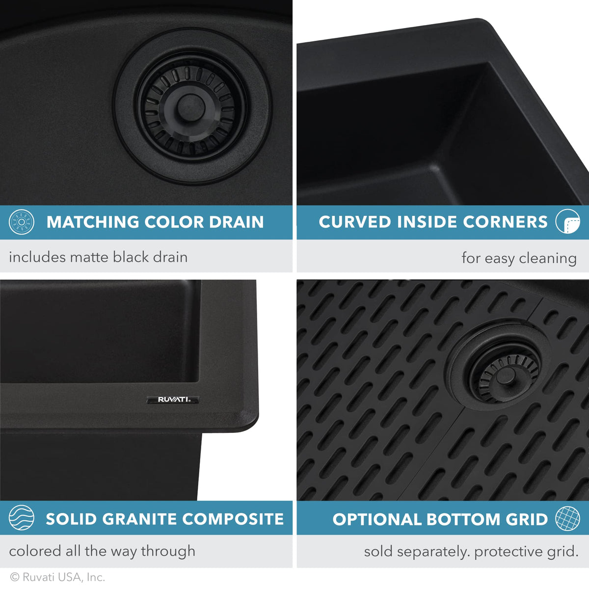 Ruvati Midnight Black Granite Composite 33 in. x 22 in. Single Bowl Drop-in Topmount Kitchen Sink RVG1033BK