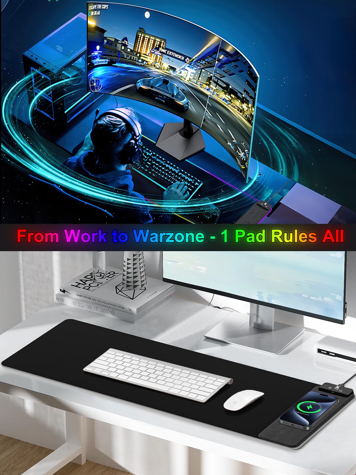 Mouse Pad with Wireless Charging, Large Desk Mat RGB Gaming Mousepad, 10 Light Colors LED Gaming Pad Keyboard Pad with Ultra-Smooth Surface & Non-Slip Rubber Base, Waterproof Full Desk Mouse Pad