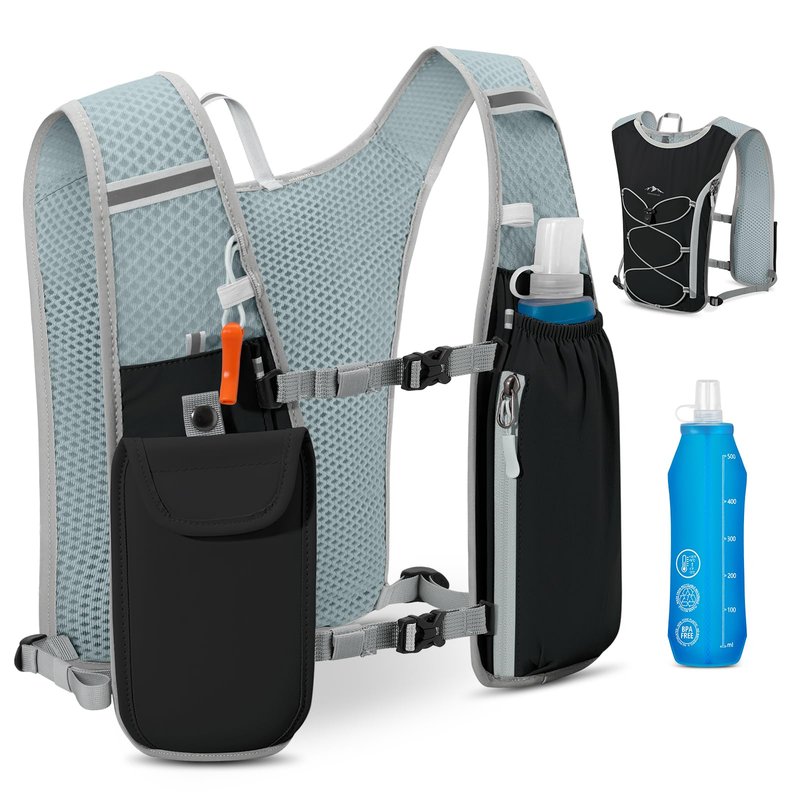 RAINSMORE Running Hydration Vest with 500ml Soft Flask, Waterproof Phone Pocket, Lightweight Hydration Pack, Adjustable No-Bounce Straps for Trail Running, Marathon, Cycling Black