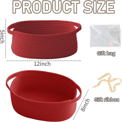JMvicyroam Woven Storage Baskets - Small Rope Organizer with Handles for Shelves & Closets | Red, 2-Pack