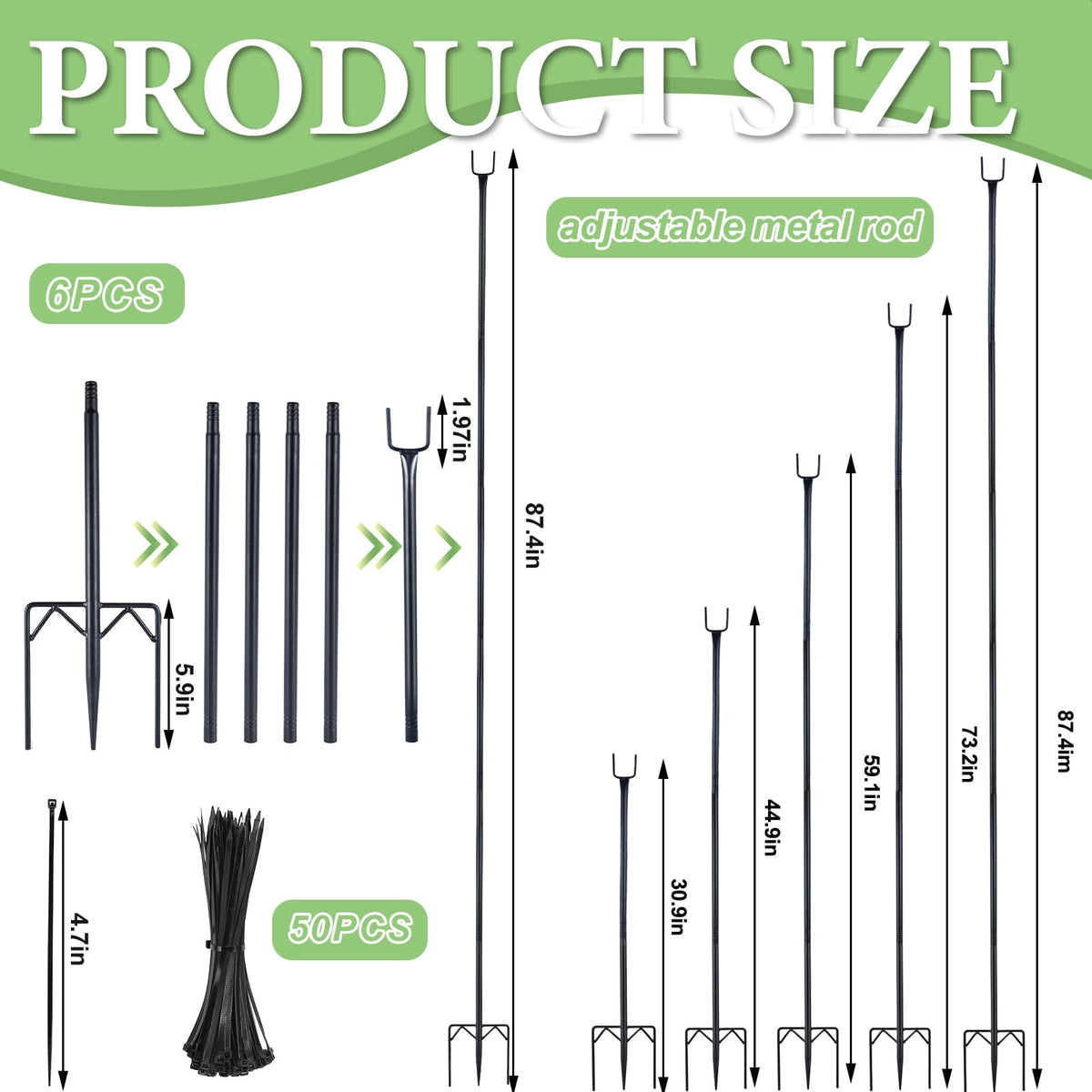 6 Pack 7.2ft Metal Garden Netting Support Stakes, Heavy Duty Garden Netting Pole with 50 Tie Rustproof Gardening Fence Stake Crop Cage Protection Post Frame for Support Fruits Garden Bed Plant Net
