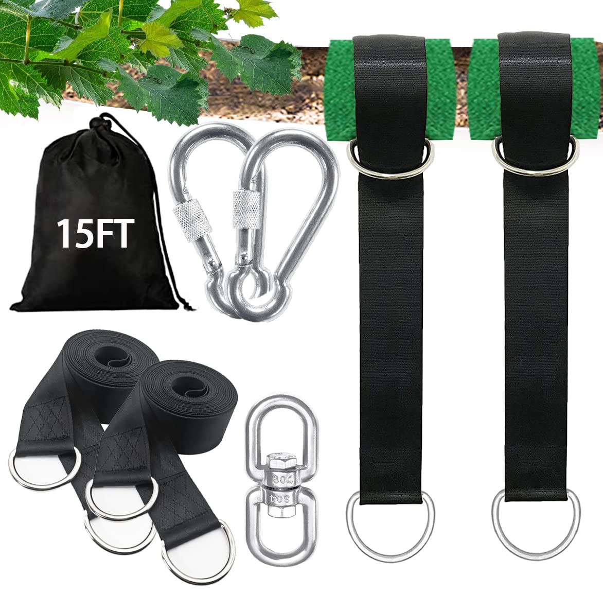 igolfluck Tree Swing Straps Hanging Kit 4FT/8FT/15FT/20FT/25FT, Extra Long Tree Swing Straps Holds 5500 lbs with Lock Carabiners & Tree Protectors, Safer for All Swing & Hammock (15FT)