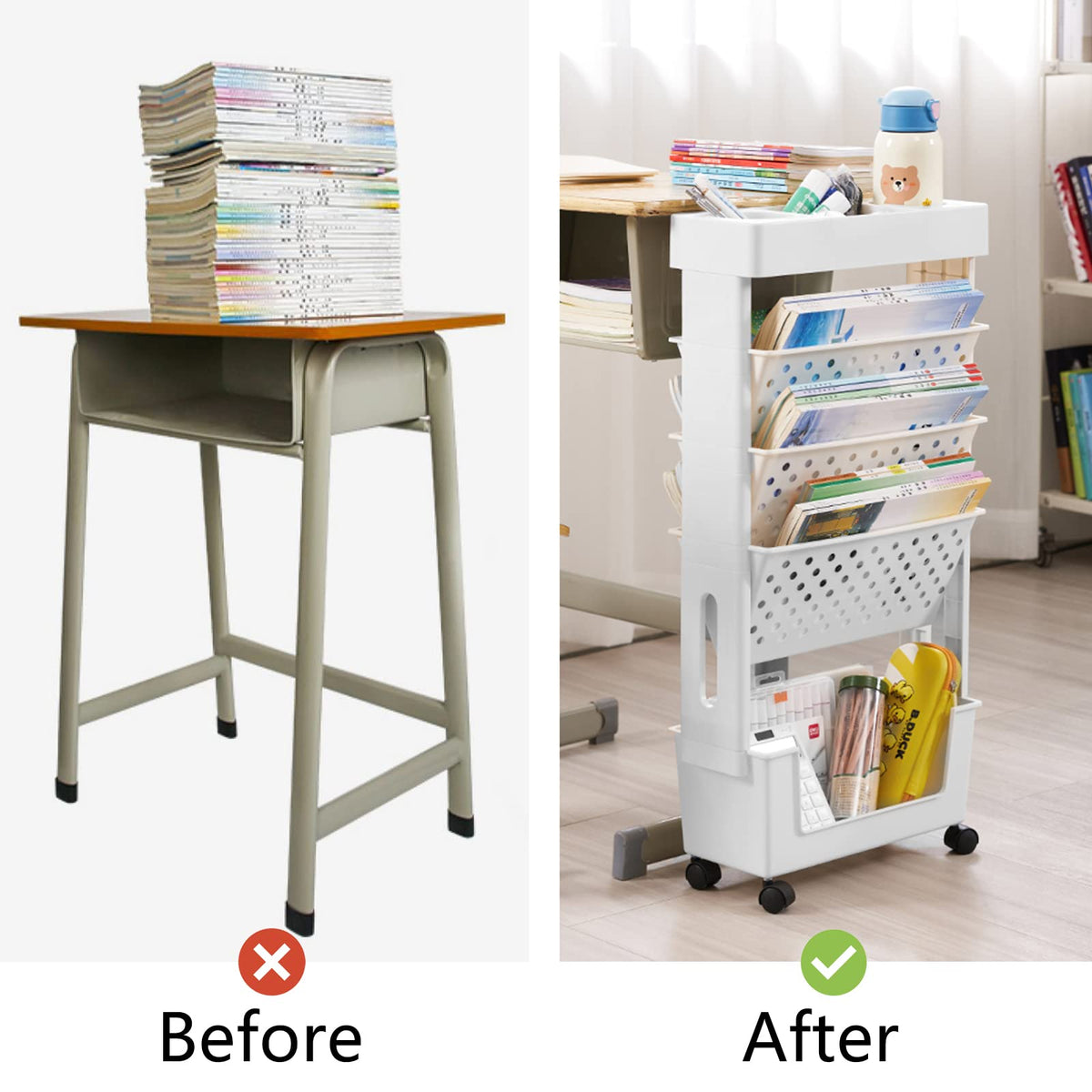 CINPIUK White Rolling Office Paper Organizer, Mobile Book Cart Document Folder File Storage with Pen Holder, Slim Rolling Storage Cart Movable Bookshelf for Office, Dorm, Classroom, Nursery