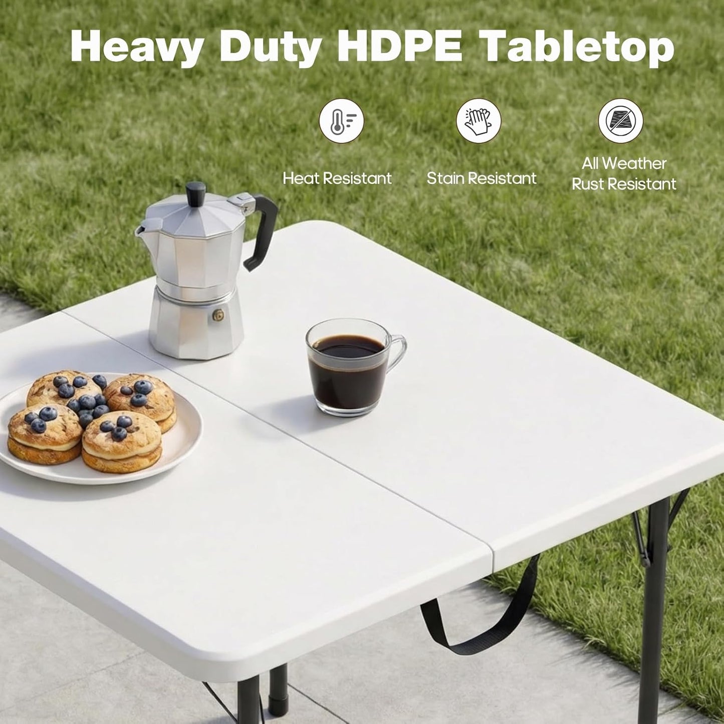 34" Square Folding Table - Heavy-Duty Steel Legs & HDPE Top | Portable 4-Person Picnic Table, White