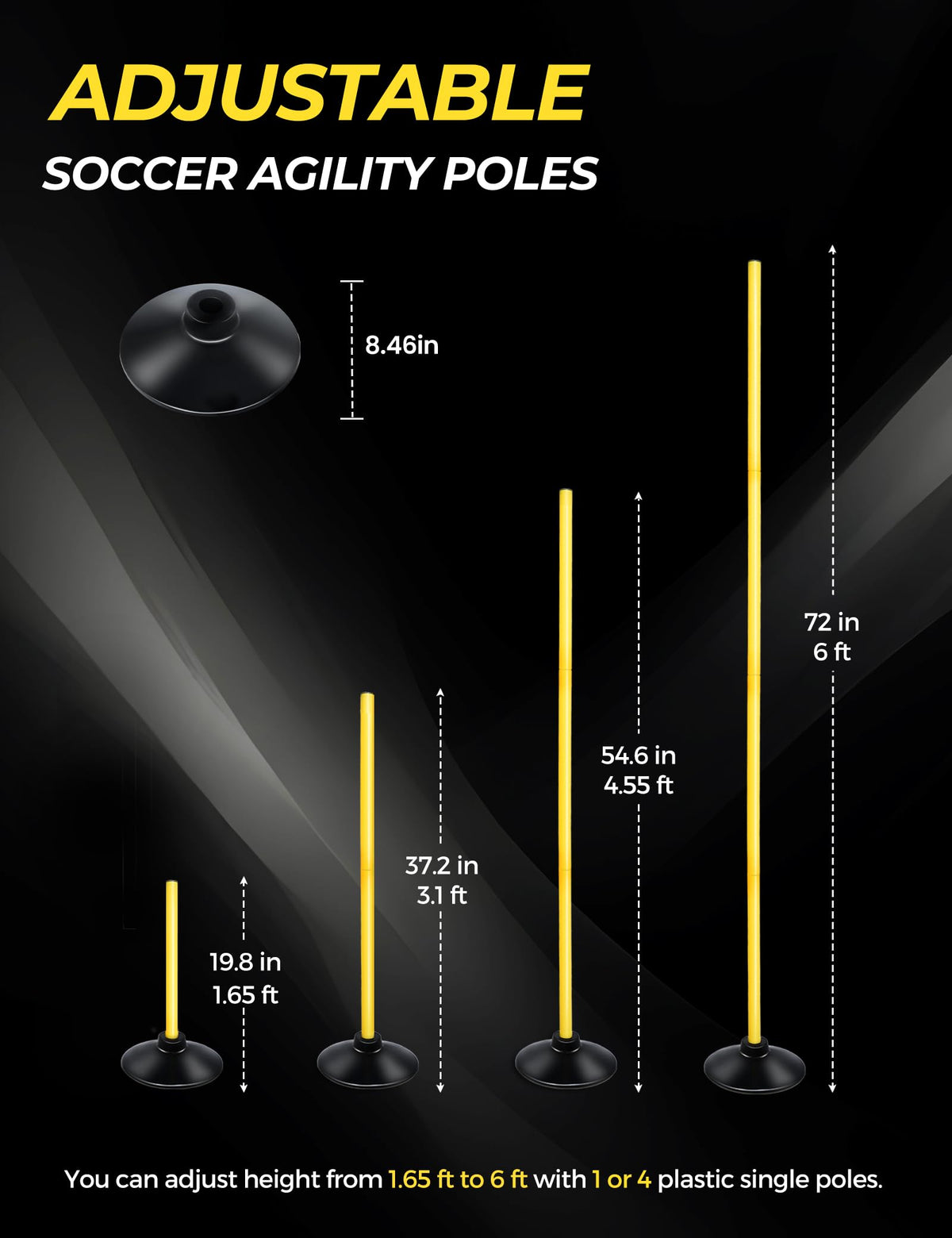 SEAOTTER 6ft Soccer Agility Poles Set, 10 Pcs Detachable Sports Trainning Speed Poles Slalom Poles with Rubber Base, Sport Agility Training Equipment for Football, Rugby, Basketball, Indoor & Outdoor