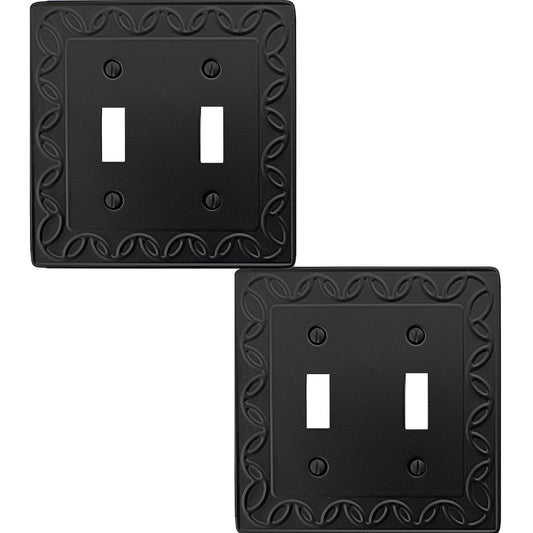 OKAWYC Double Toggle Light Switch Cover NovaBloom Metal Wall Plate, 2-Pack Black 2 Gang, Light Switch Cover Decorative Wallplate, Durable