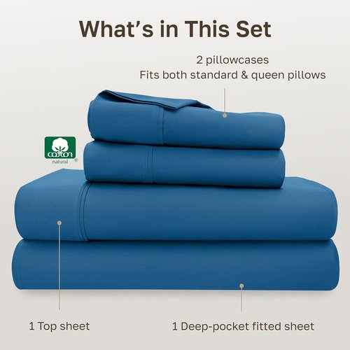 California Design Den Queen Cotton Sheet Set - Silky Smooth 400 TC Sateen Weave with Deep Pockets - Cobalt Blue