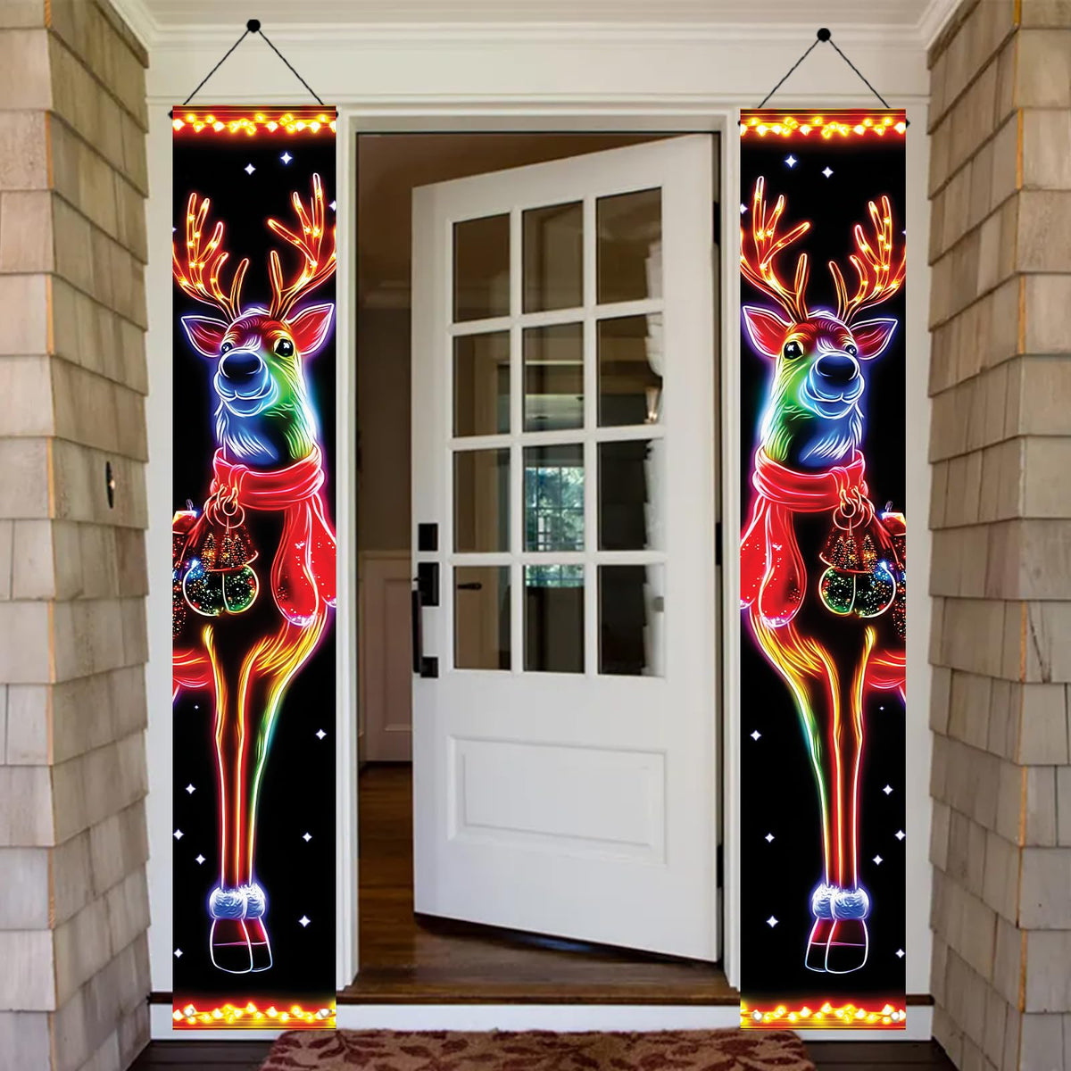 Saoplasa 2PCS Christmas Porch Banners 71 x 12 Inch Neon Reindeer Holiday Door Decorations LED Style Lighted Outdoor Hanging Signs for Xmas Party Front Entryway Yard Wall Festive Winter Welcome Display