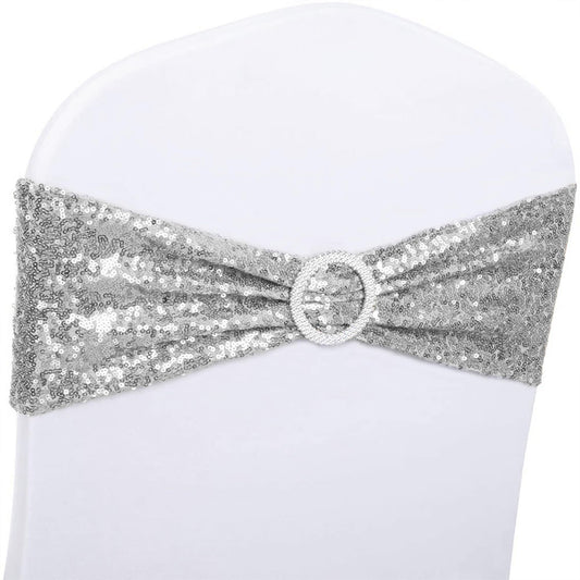 SINSSOWL Pack of 100 Spandex Sequin Silver Chair Sashes for Wedding, Chairs Bands Buckles for Party Folding Chairs Fiesta Baby Shower Christmas Decor - Silver Chair Sash Bows