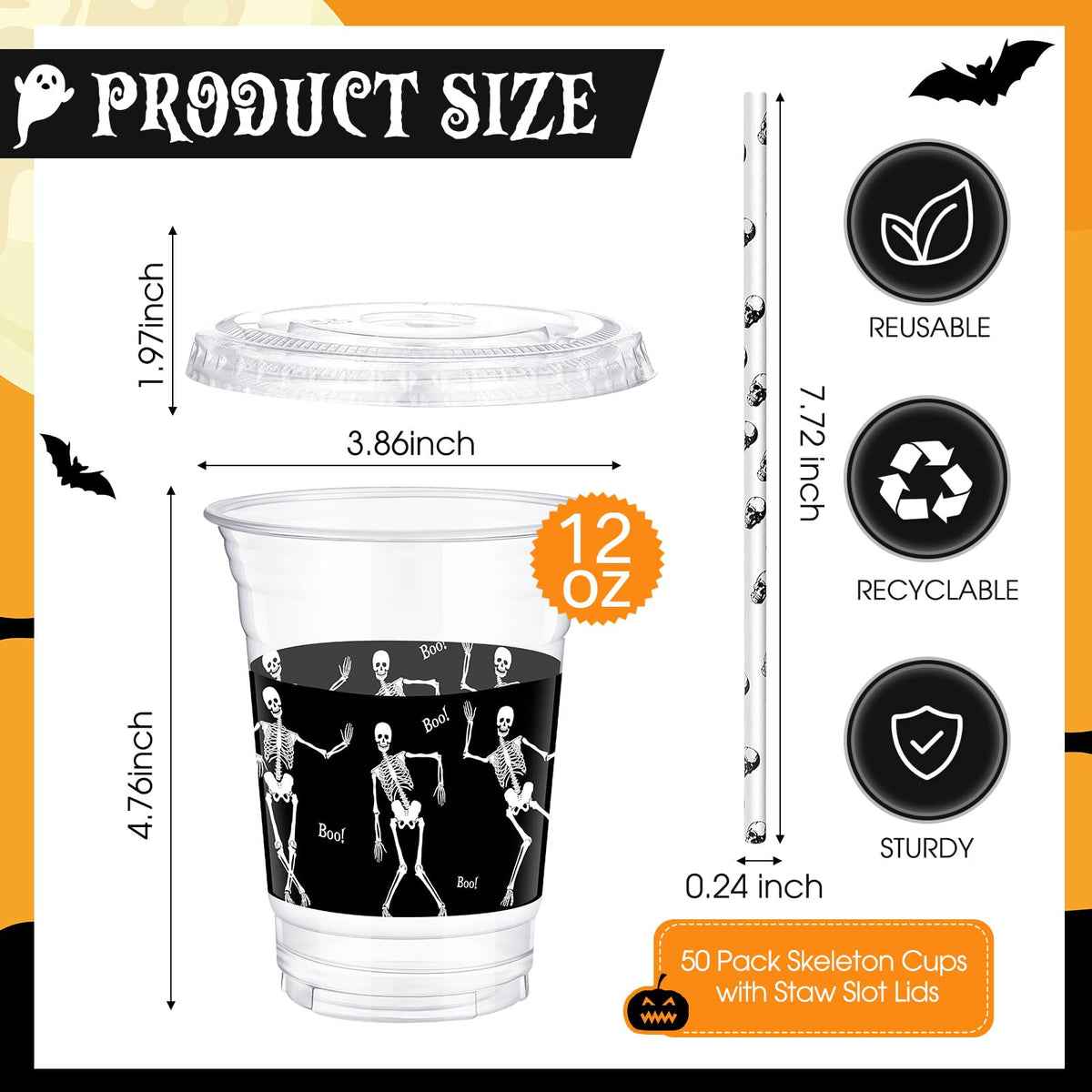 meekoo 50 Sets Skeleton Cup with Flat Lids and Straws 12 oz White Black Skeleton Bone Plastic Cups Clear Drink Disposable Cups with Lids for Halloween Decoration Mega Haunted House