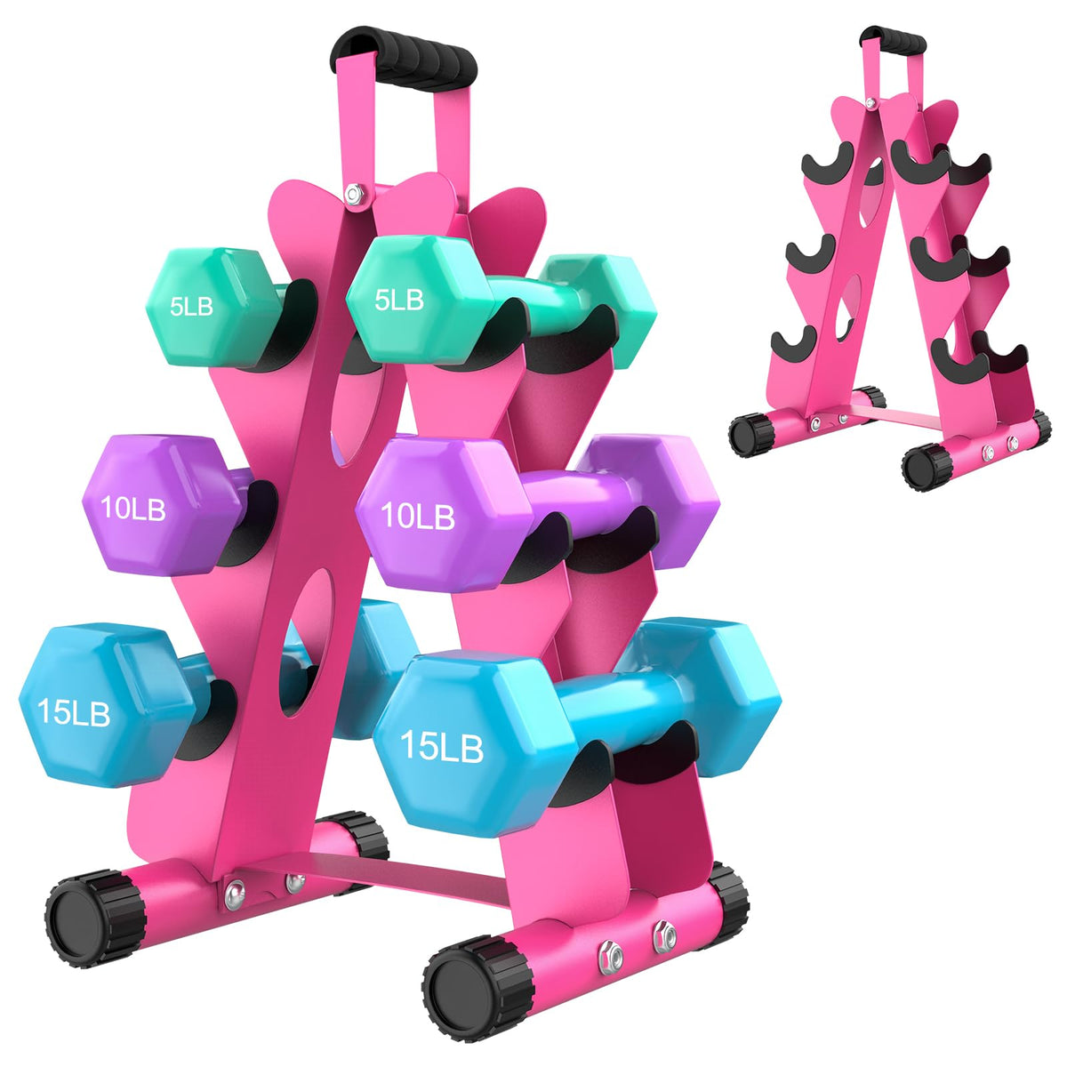 AmazeFan 5 Tier | 3-Tier Dumbbell Rack Stand Only, A-Frame Design Weight Rack with Handle, Weights Metal Strength Training Dumbbells Storage Rack for Home Gym Space Saver (Dumbells not Included) (Pink, 3 Tier)