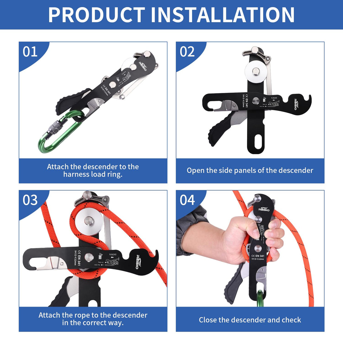 REISIO Climbing Stop Descender for 9-12mm,Self-Braking Self Locking Belay Device Rescue Equipment Hand Controls with Mountain Climbing Cave Rappelling Aerial Work Rescue Activities (Black)