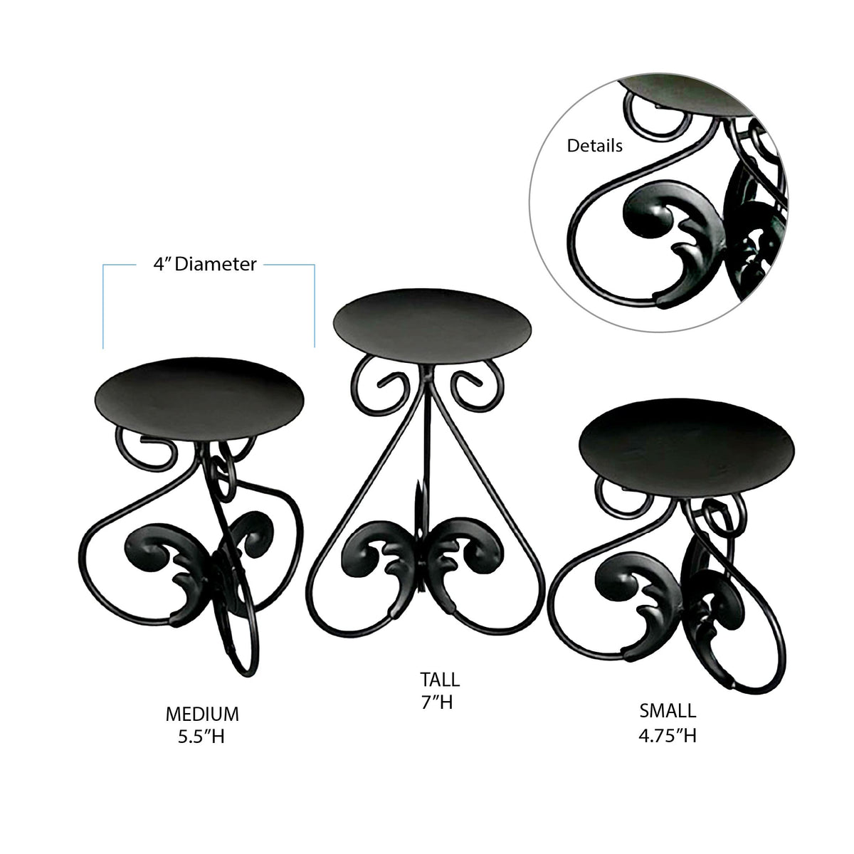 Lily’s Home Elegant Scrollwork Fleur De Lis Pillar Candle Holders, Wax & LED Candle Stands, Black, Set of 3. Candles Not Included