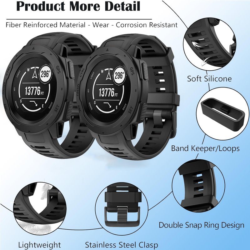 2 Pack Waterproof Band Compatible with Garmin Instinct Watch Bands, 22mm Soft Silicone Replacement Watch Strap for Garmin Instinct 2 / Instinct Esports/Solar/Tactical (black/black)