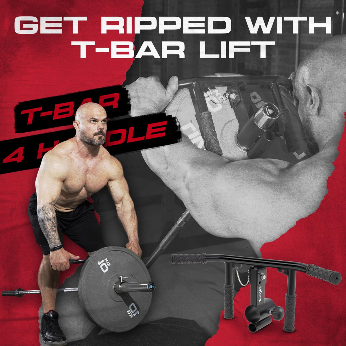 Yes4All T Bar 4 Handles Adjustable, Versatile Landmine Handle Attachment Fits Both 1 Inch & 2 Inch Barbell, Narrow & Wide Handle with Anti-Slip Rubber Grip, Easy to Install & Adjust
