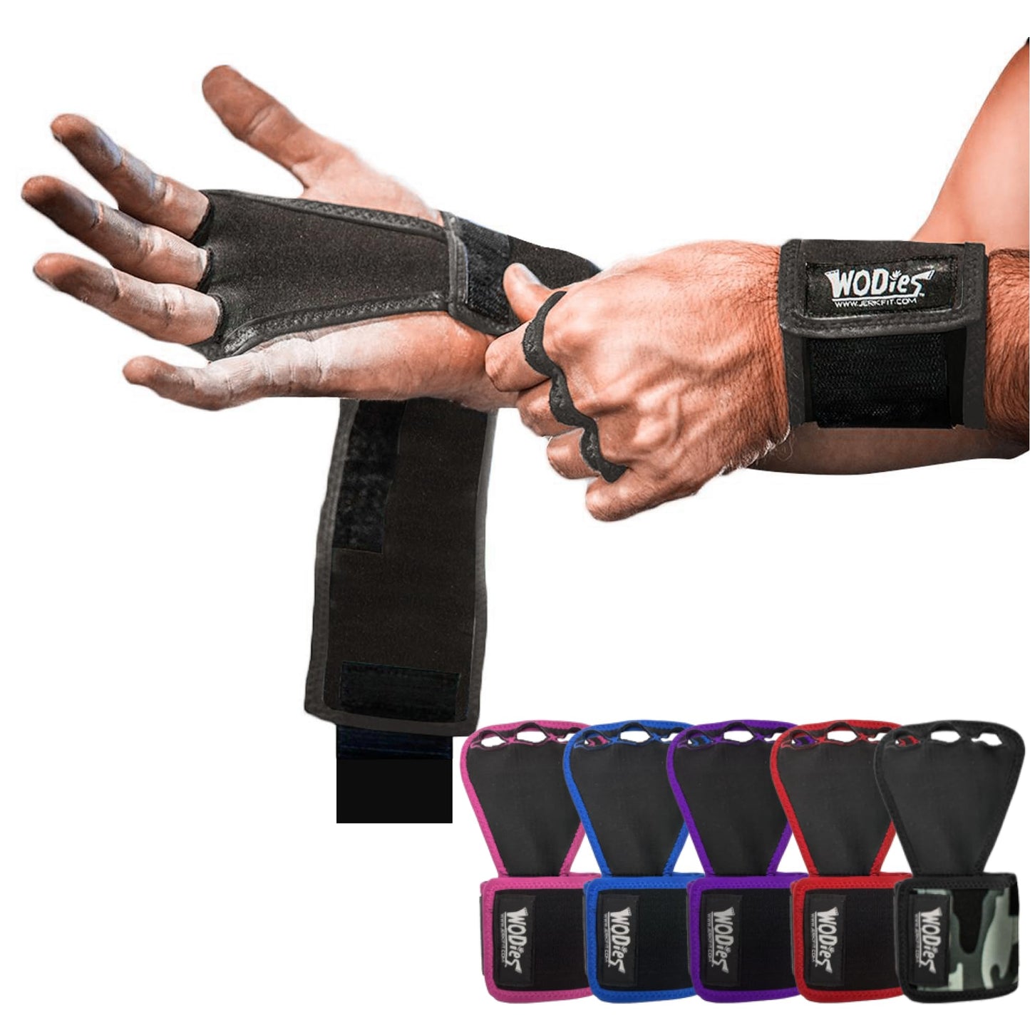 JerkFit WODies Gymnastics & Weightlifting Grips with Wrist Wraps – 3 Hole Versatile Gym Gloves for Pull Ups, Gym Training & Cross Training – Hand Grips Palm Protector for Men & Women (Black L)