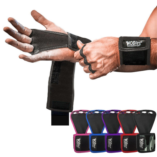 JerkFit WODies Gymnastics & Weightlifting Grips with Wrist Wraps – 3 Hole Versatile Gym Gloves for Pull Ups, Gym Training & Cross Training – Hand Grips Palm Protector for Men & Women (Black L)