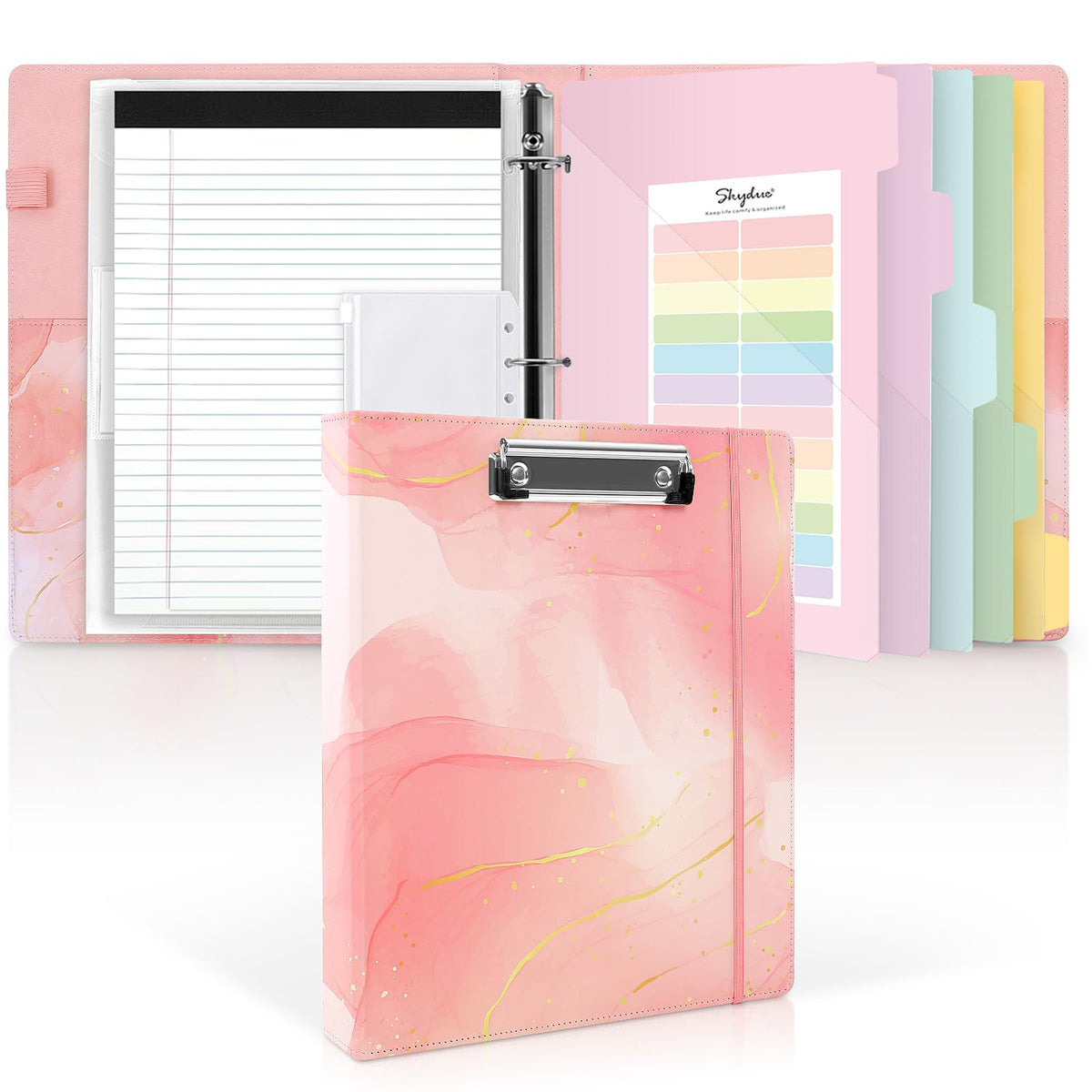 SKYDUE 1 Inch 3-Ring Binder with Clipboard, PU Binder with 5 Dividers, Notepad, Stickers & Pockets for Work and School - Aesthetic Binder (Letter Size)