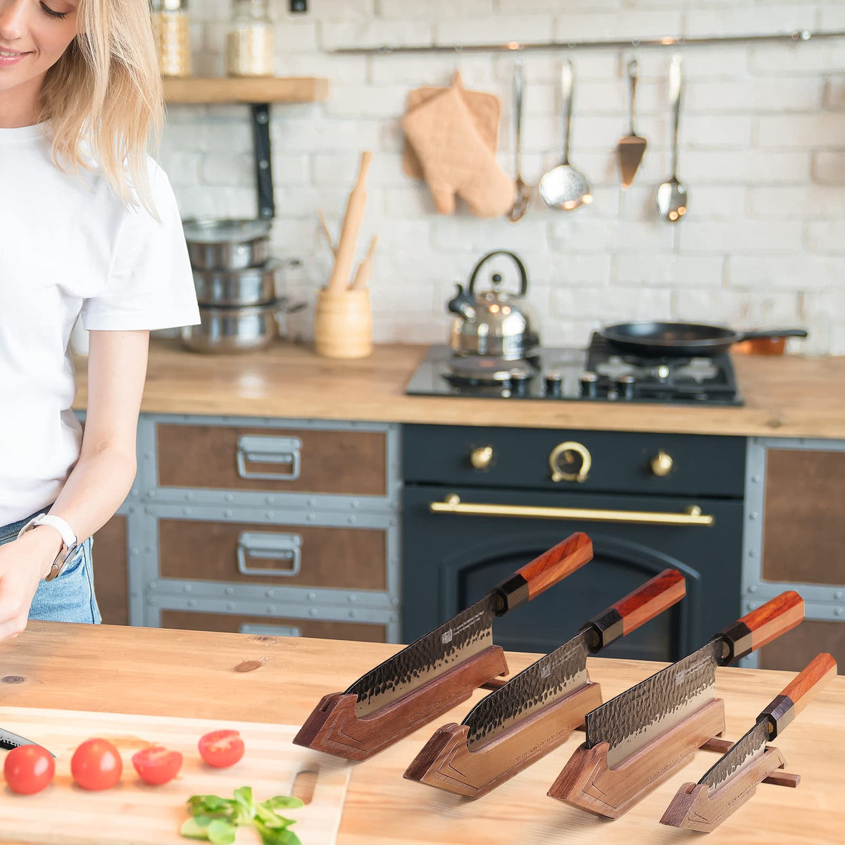 FINDKING Kitchen Knife Set with Individual Wooden Blocks, 4 Japanese Knives with Walnut Edge Guards, High Carbon Steel Blades, for Meat, Fruits, Vegetables, Dynasty Series