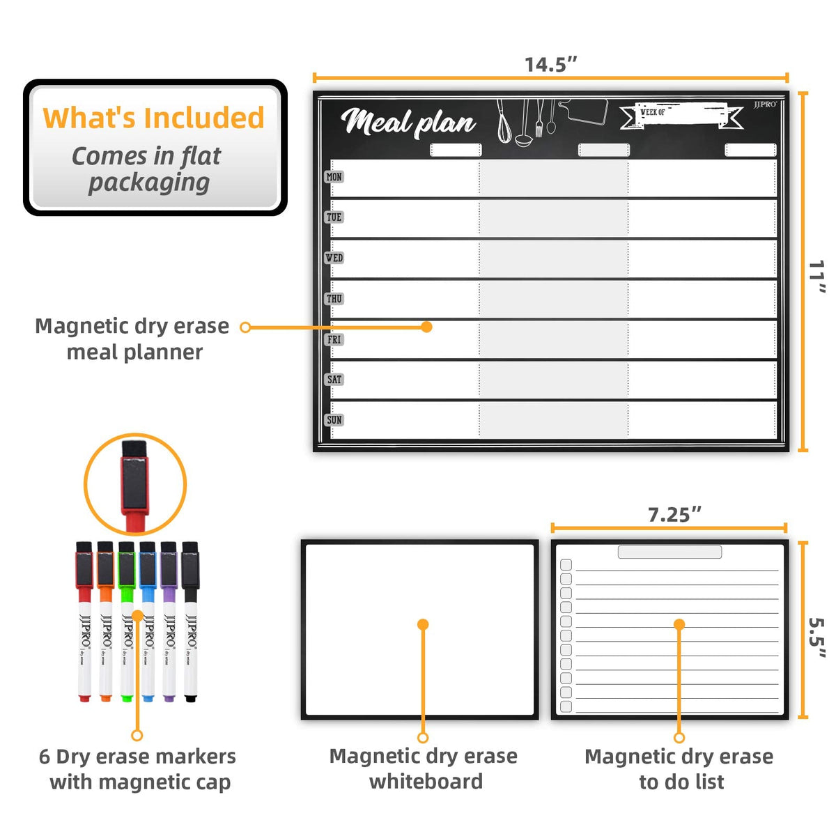 JJPRO Magnetic Dry Erase Meal Planning Whiteboard for Refrigerator-One 14.5x11 Weekly Menu Board and Two Notes Whiteboard for Kitchen Fridge-Refrigerator Organizer with Meal Planner Boards