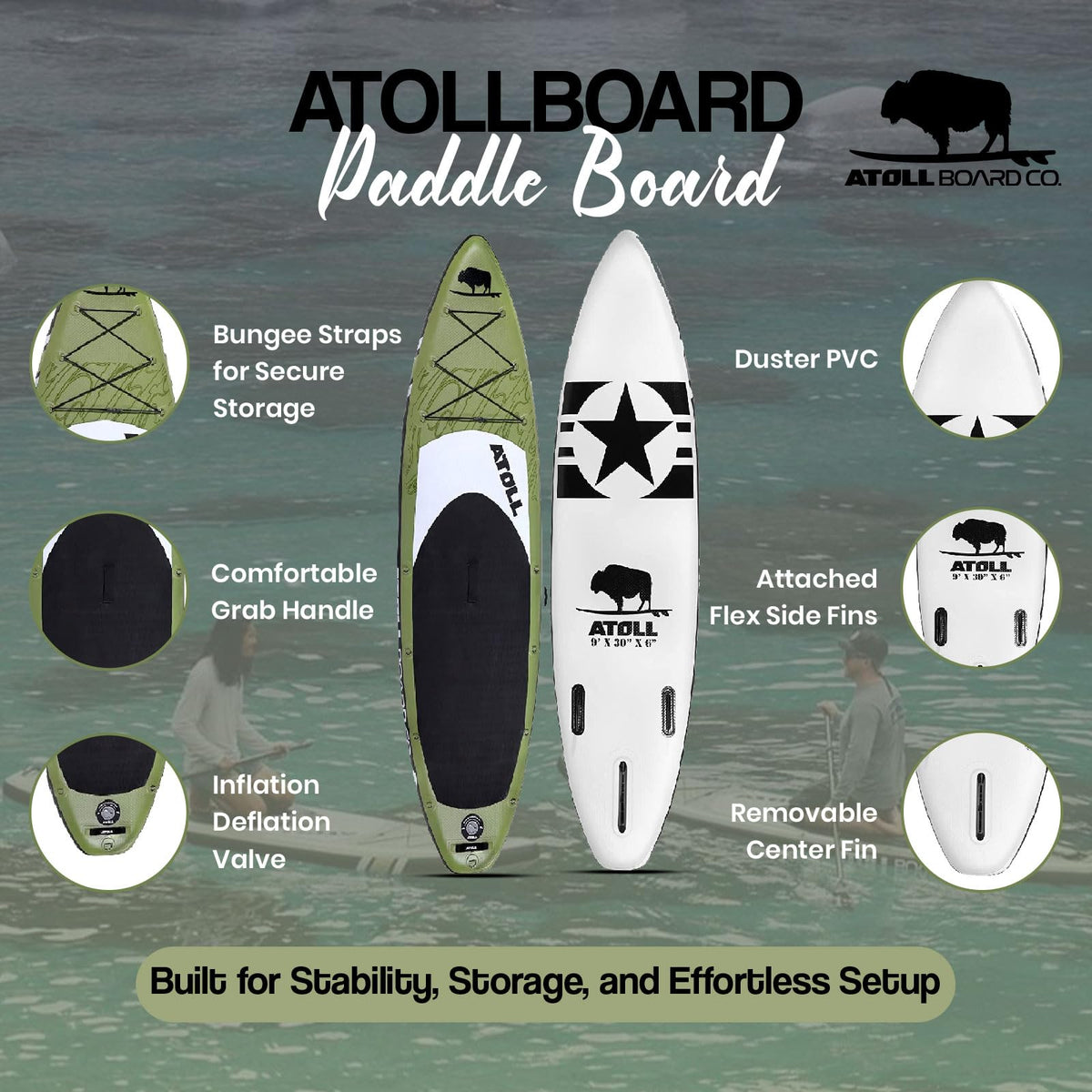 Atoll Inflatable Paddle Board with Premium SUP Stand Up Paddle Board Accessories & Back Pack, Non-Slip Comfort Deck for Unisex Adult - 11ft (Army Green)