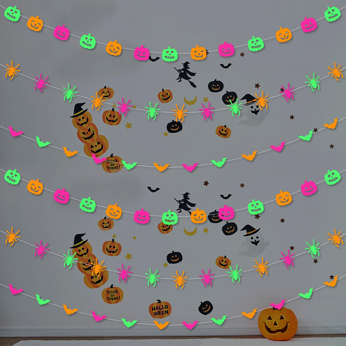 Halloween Party Decorations Neon Banner - 3pcs Glow in The Dark Paper Pumpkin Bats Spiders Hanging Swirls Streamers,Window Fireplace Room Ceiling Garland, Baby Shower Birthday Supplies Decor Panduola
