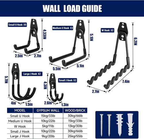 Garage Wall Hooks - 17 Pack Heavy Duty Utility Hooks with 3 Extension Cord Straps | Perfect for Ladders, Bikes, and Garden Tools
