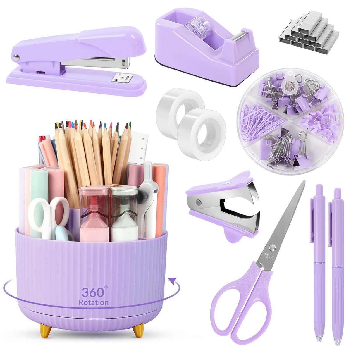 SKYDUE Purple Office Supplies Set, Purple Office Desk Accessories 10PCS, Pencil Holder for Desk, Stapler, Tape Dispenser, Scissors, Ruler, Binder/Paper Clips and 1000pcs Staples,Desk Supplies Set