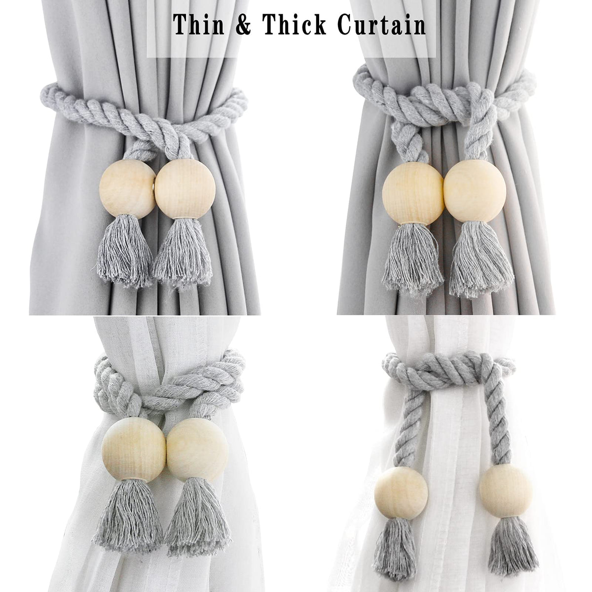 Porlau 4 Pack Grey Magnetic Curtain Tiebacks Cotton Hand Woven Tieback Holdback Decorative Tie Backs for Drapes with Wooden Buckle No Tools Required