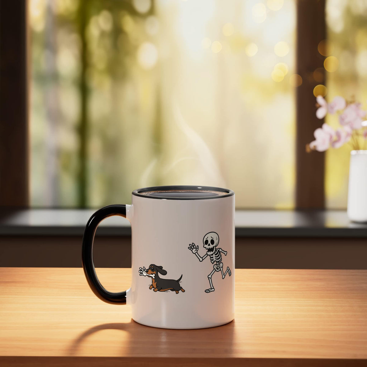 Dachshund Skeleton Hand Halloween Ceramic Mug, Black/White