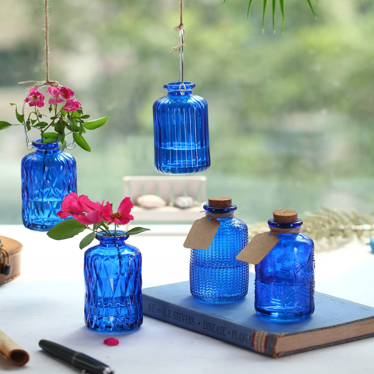 ELEGANTTIME Cobalt Blue Glass Bud Vase Small Flower Vase Mini Bottle with Cork Wire Handle Design for Deco Cafes, Office Table, Home and Garden(Set 5)