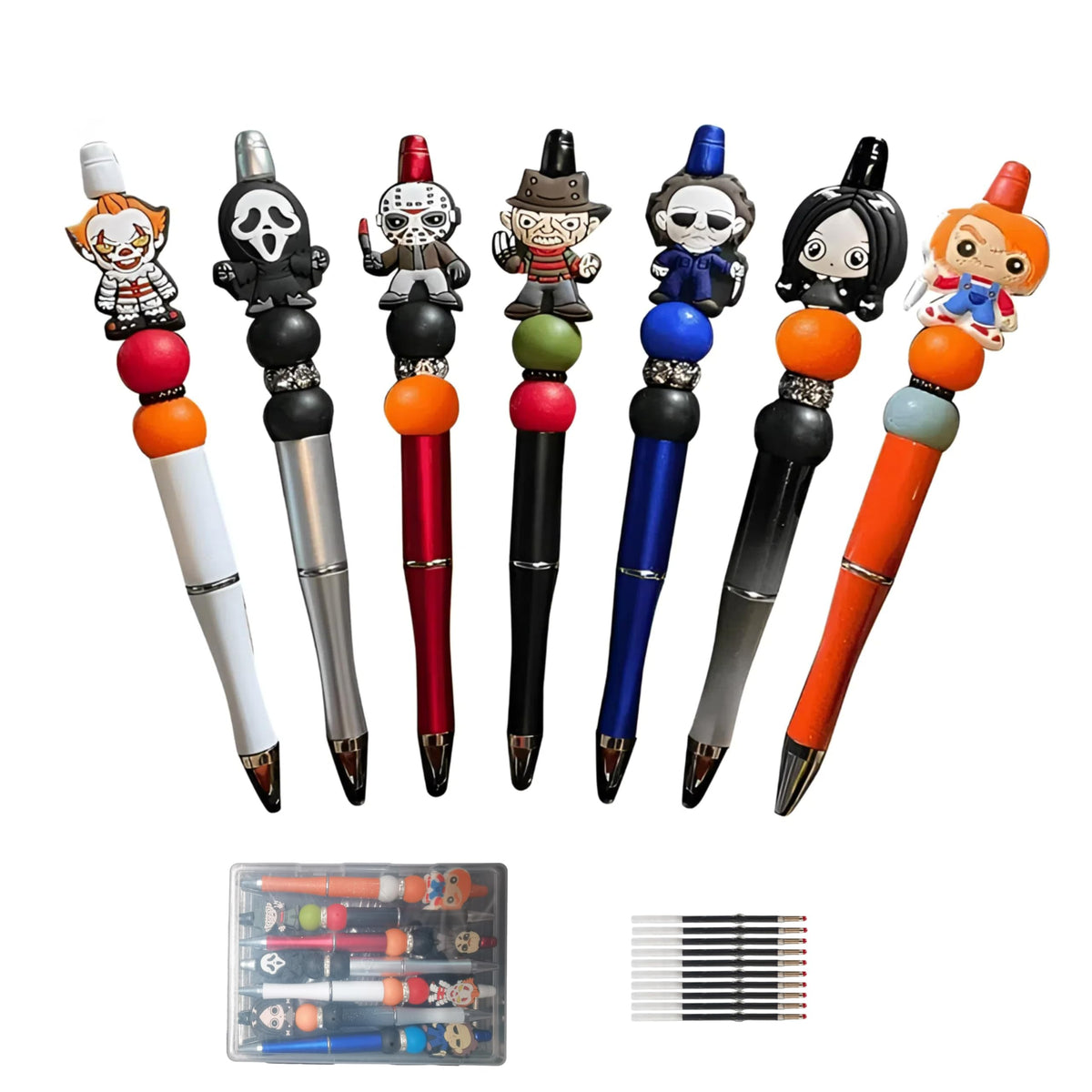YUERVIEW 7PCS Refillable Horror Movie Pens with Clear Box – Spooky Gift for Horror Fans,Halloween Beadable Pens for School,Office,Party – Novelty Desk Accessories with 10 Black Ink Refills
