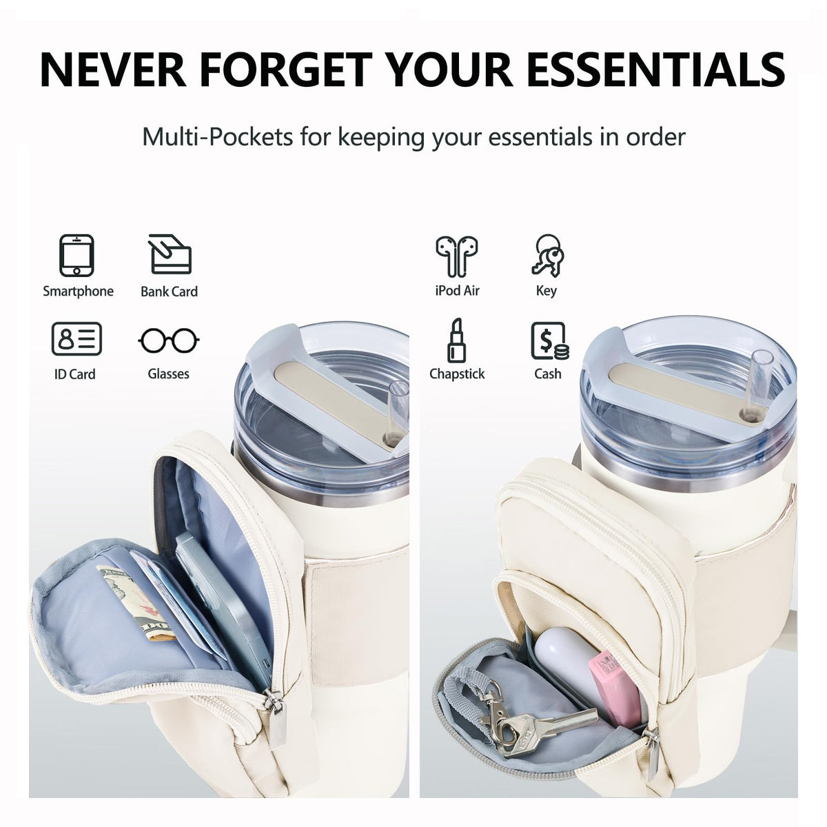 SUITMAT Water Bottle Pouch for Stanley Quencher Series Tumbler, Pouch Bag for Stanley Cup Accessories, Cup Backpack with Multiple Pockets for Phone, Cards, Keys (Bag Only)