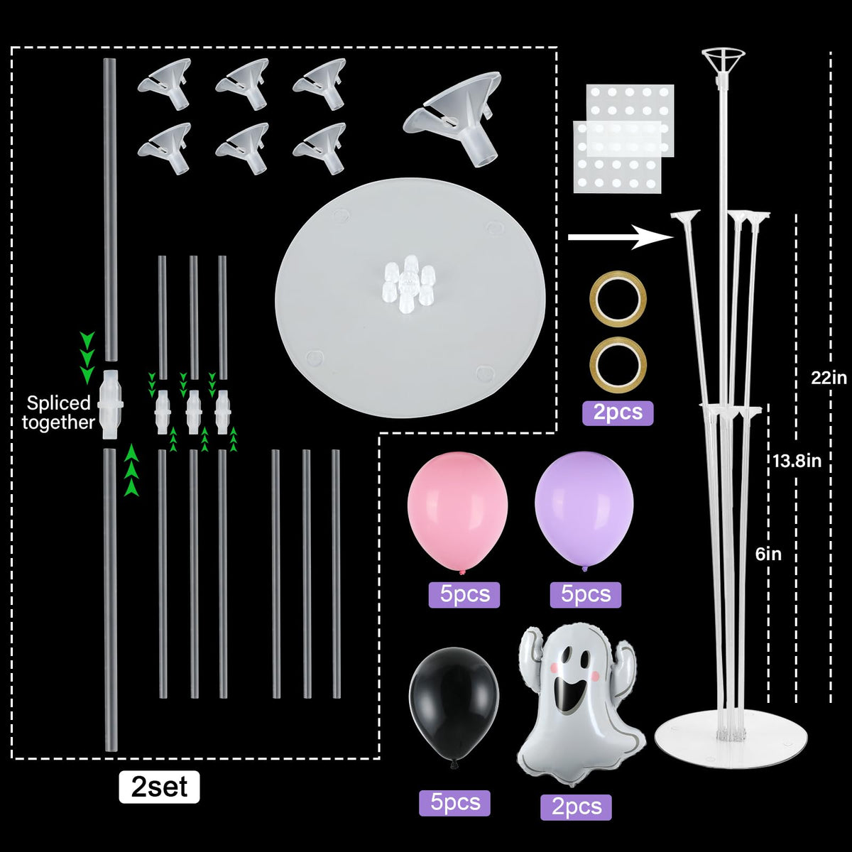 Halloween Ghost Party Balloons Stand Kit 2 Sets with 2 White Ghost Foil Balloons Pink Black and Purple Balloon Centerpiece for Tables for Baby Shower Horror Birthday Party Decorations