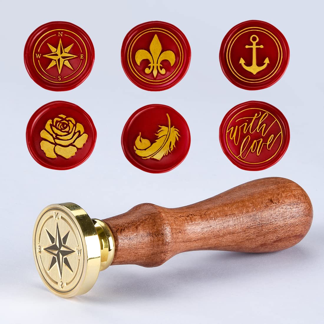 Wax Seal Stamp Kit, 6 pcs Brass Head Wax Stamp & 1 Wooden Handle, 6 Designs (Anchor, Feather, Fleur-de-lis,Compass, with Love, Rose Flower)