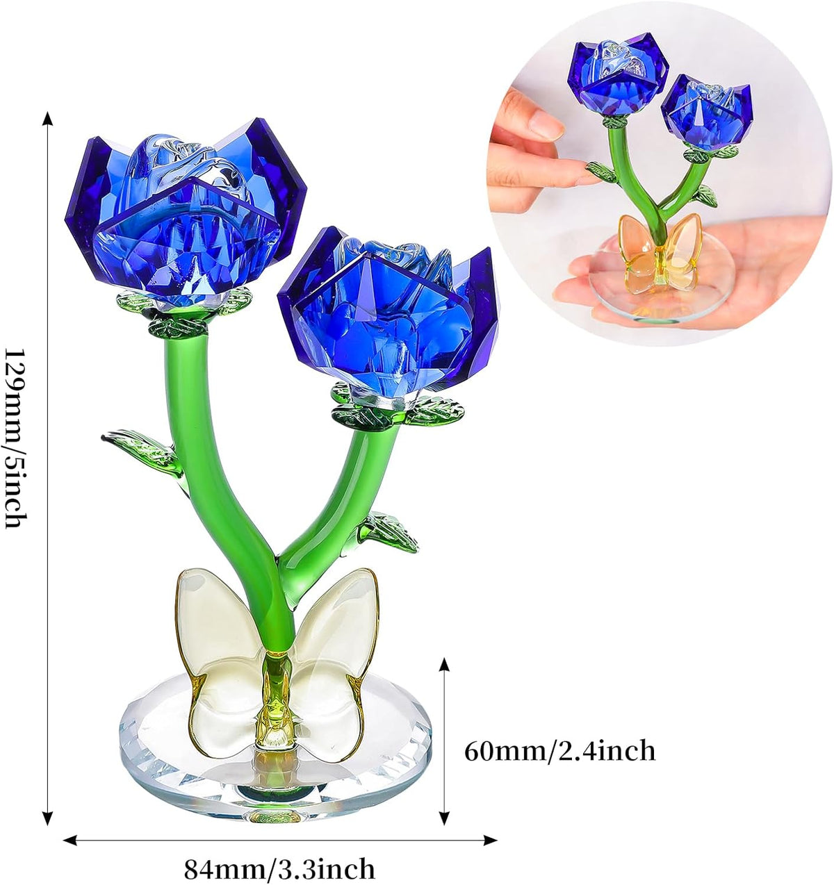 LONGWIN Crystal Blue Rose Figurine - Elegant Glass Flower Bouquet Home Decor Gift for Women