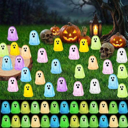 126Pcs Halloween Luminous Mini Ghost Ornaments, 7 Colors Fluorescent Miniature Ghost Statues, Resin Micro Landscape Accents Bulk for Halloween Decorative Craft, Vase Fillers